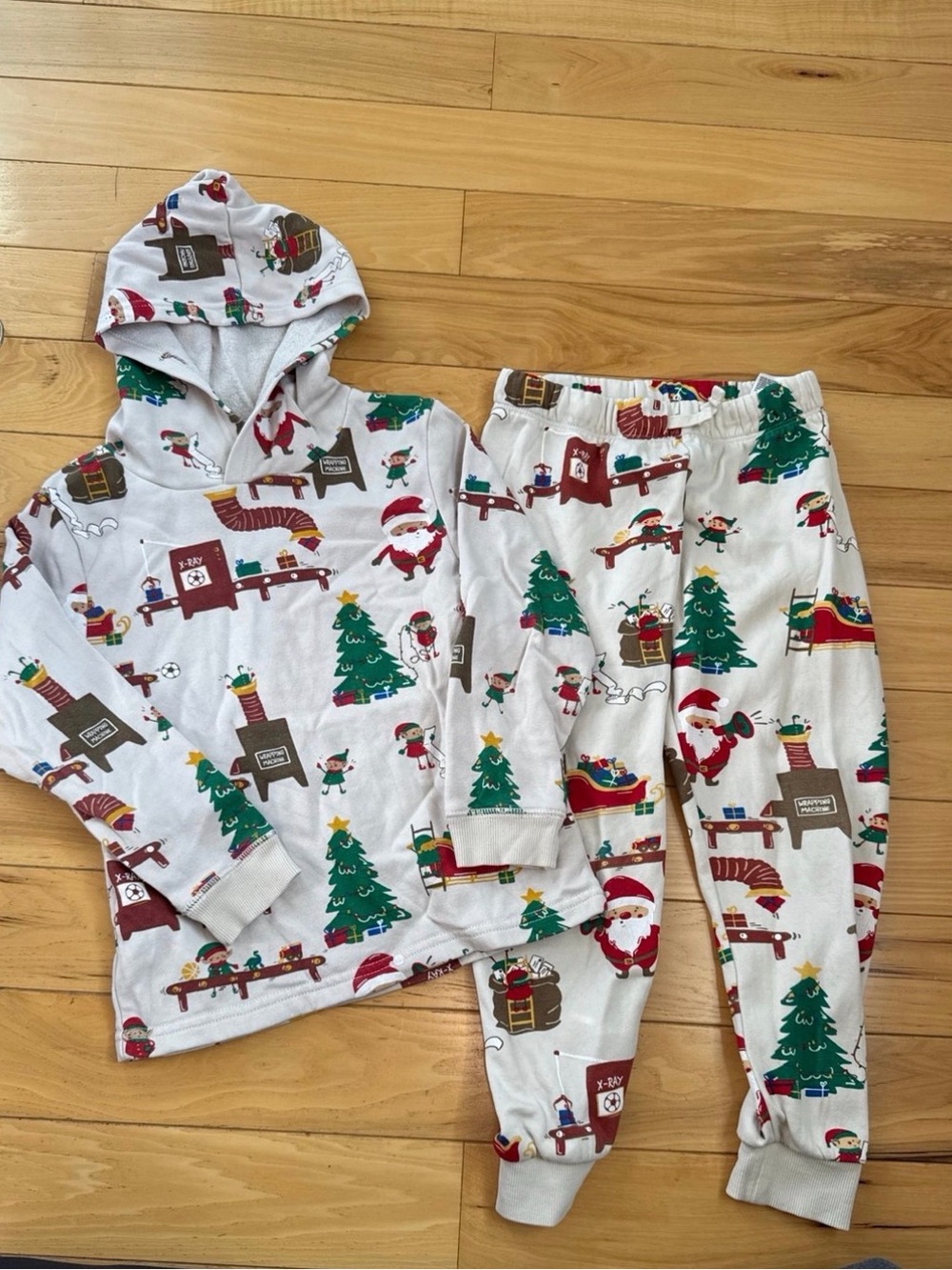 H&M White Kids Hooded Christmas Pajama Set with Green & Red Accents